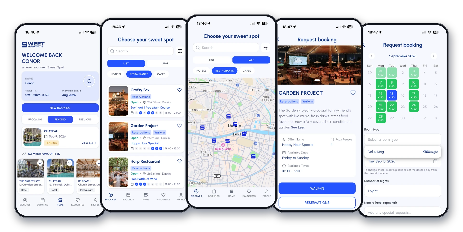 Five iPhones showing the Sweet booking flow